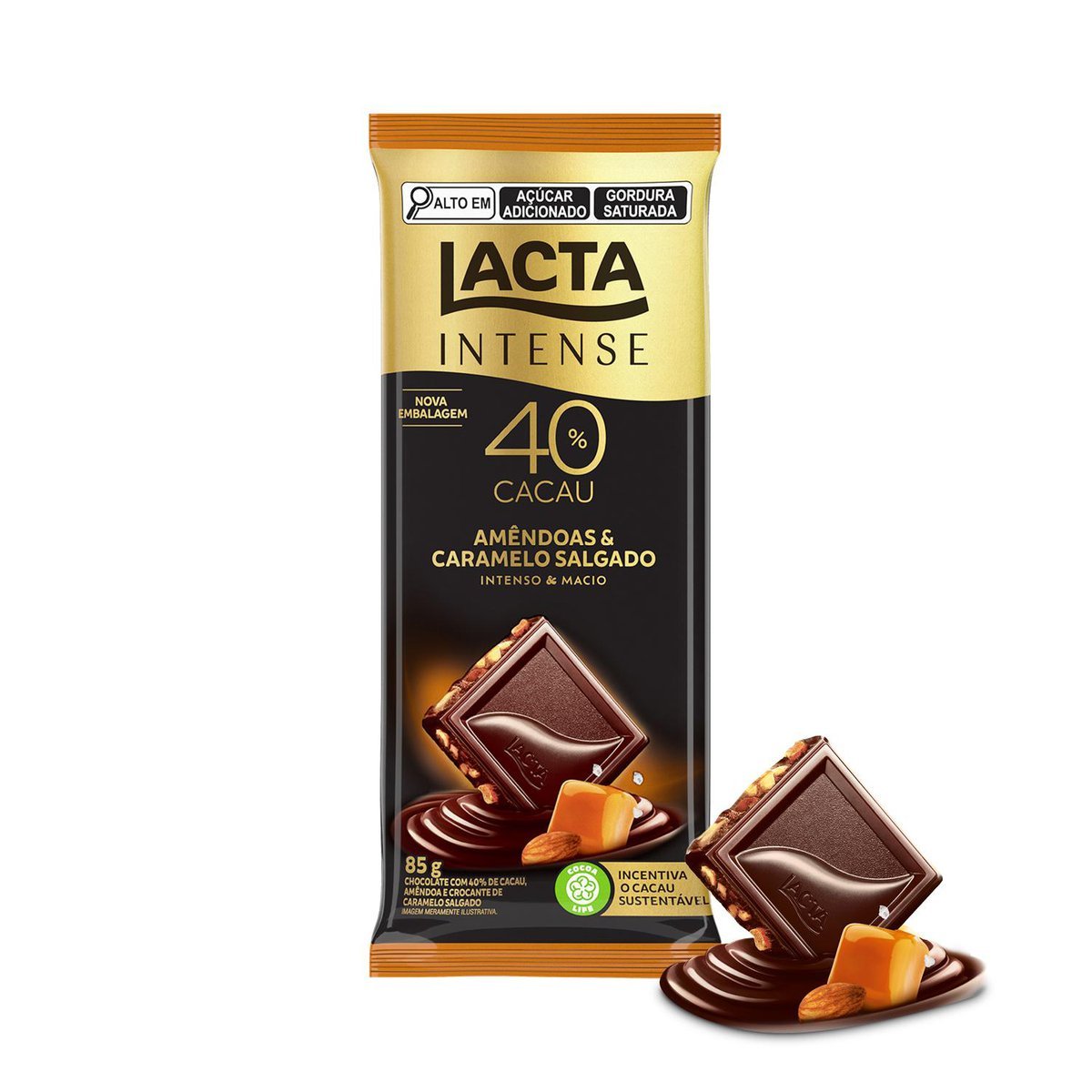 Chocolate Lacta Intense meio amargo 40% cacau Amndoas e Caramelo Salgado 85g
