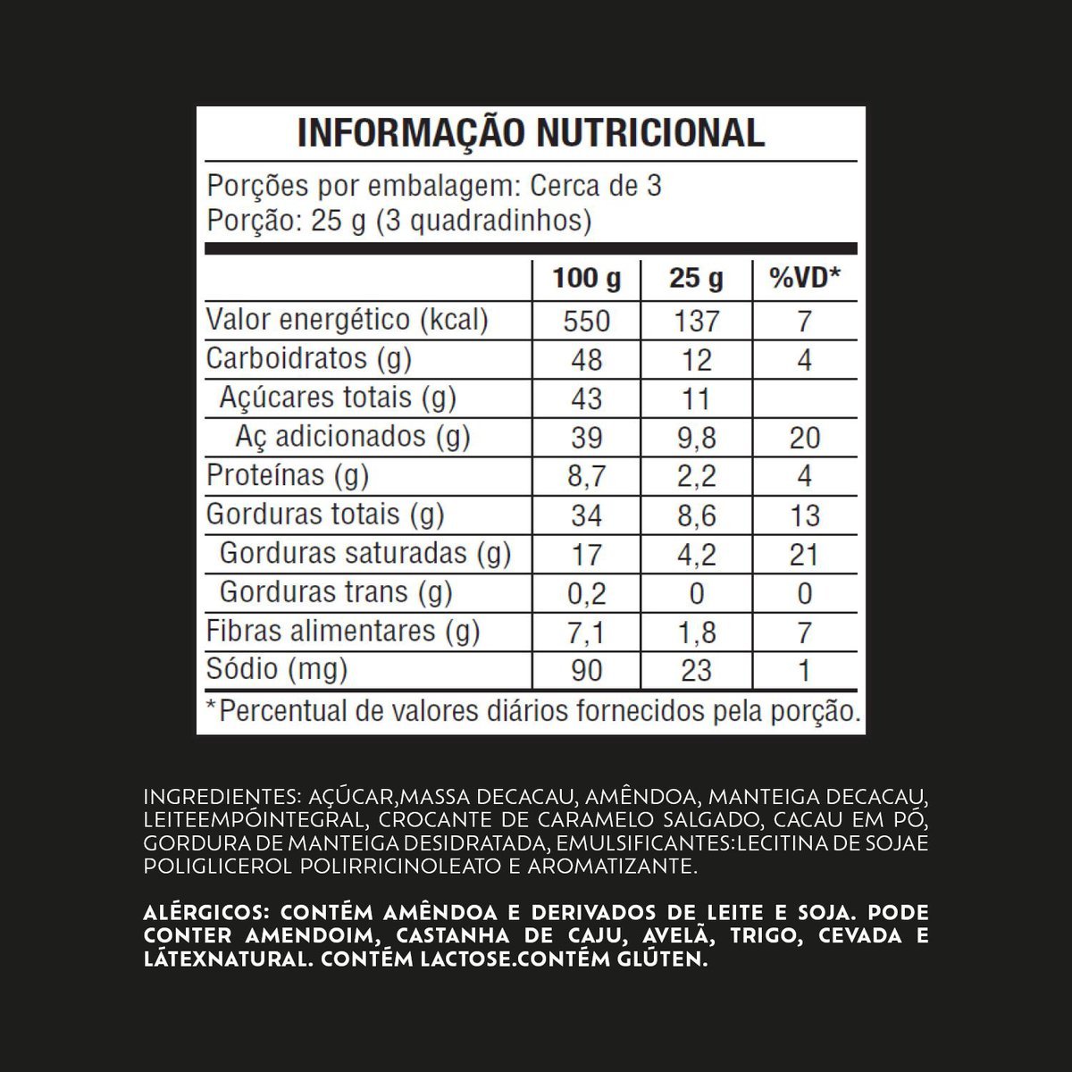 Chocolate Lacta Intense meio amargo 40% cacau Amndoas e Caramelo Salgado 85g
