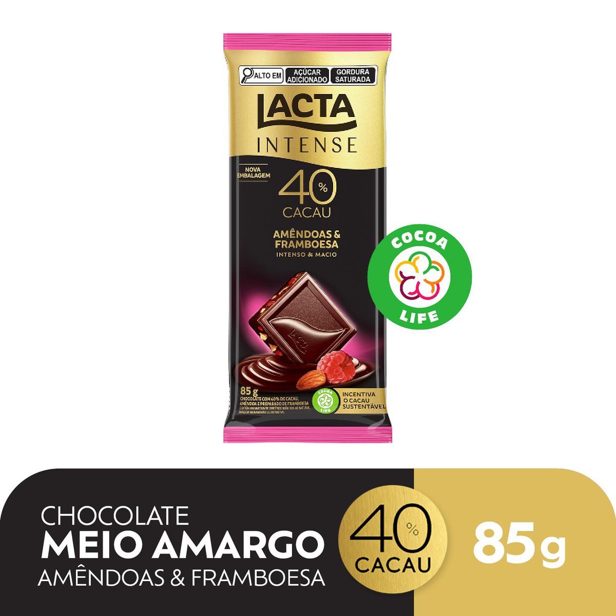 Chocolate Lacta Intense Meio Amargo 40% Cacau Amndoas E Framboesa 85g