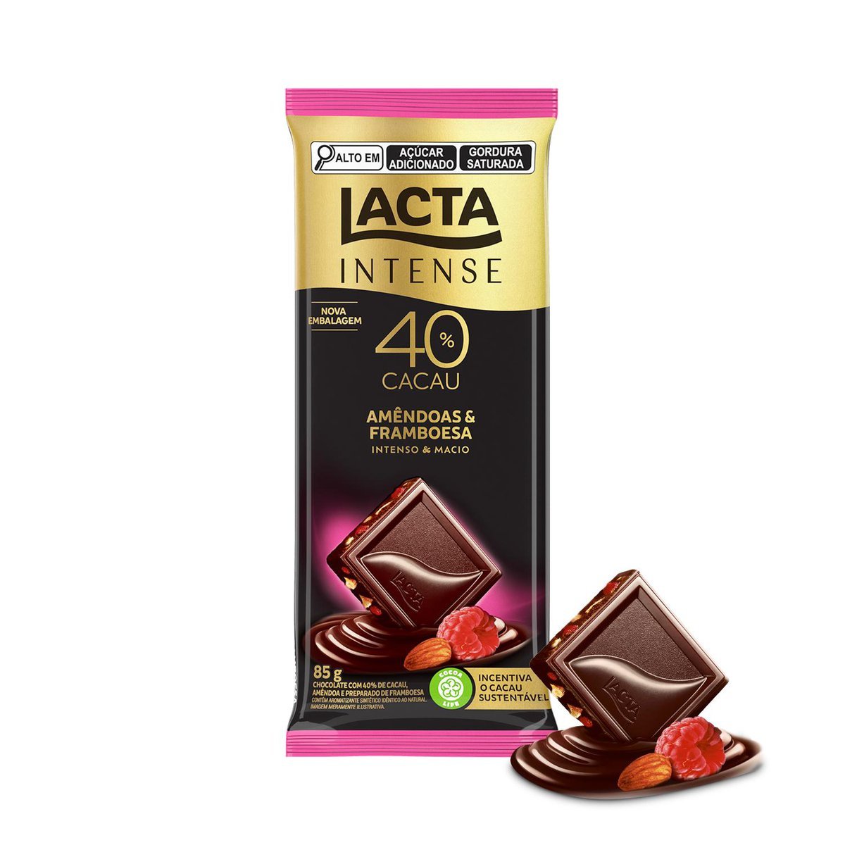 Chocolate Lacta Intense Meio Amargo 40% Cacau Amndoas E Framboesa 85g