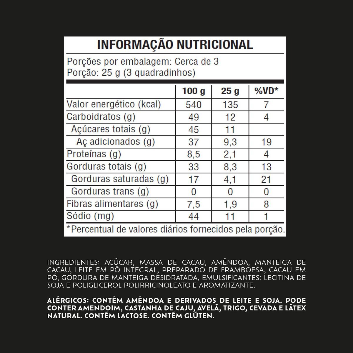 Chocolate Lacta Intense Meio Amargo 40% Cacau Amndoas E Framboesa 85g