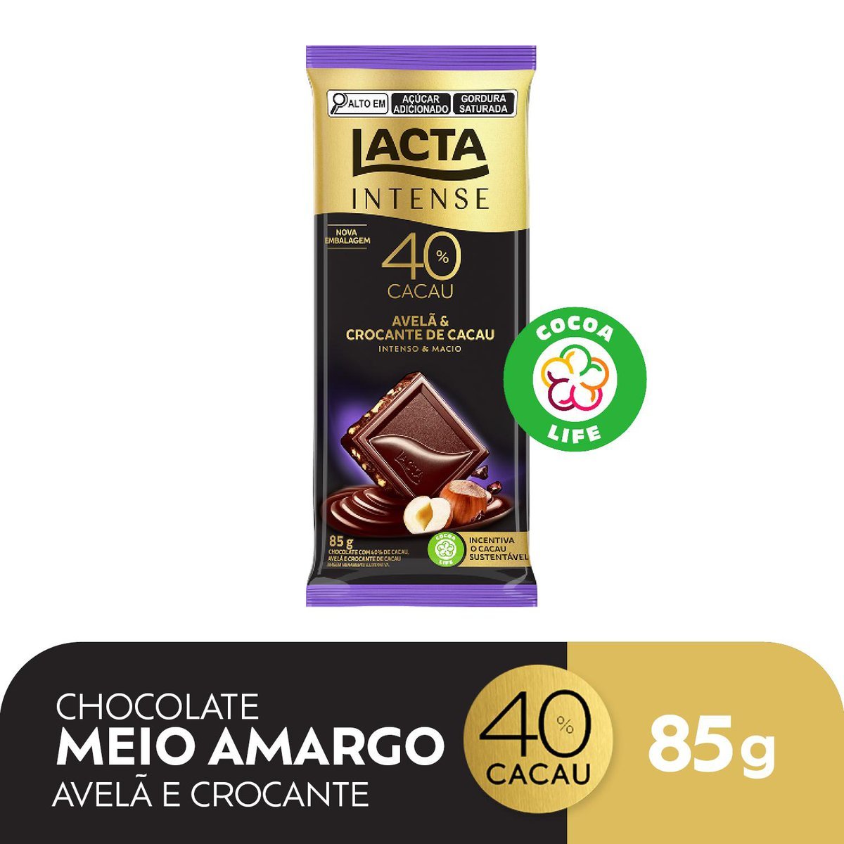 Chocolate Lacta Intense Meio Amargo 40% cacau Avel e Crocante de Cacau 85g