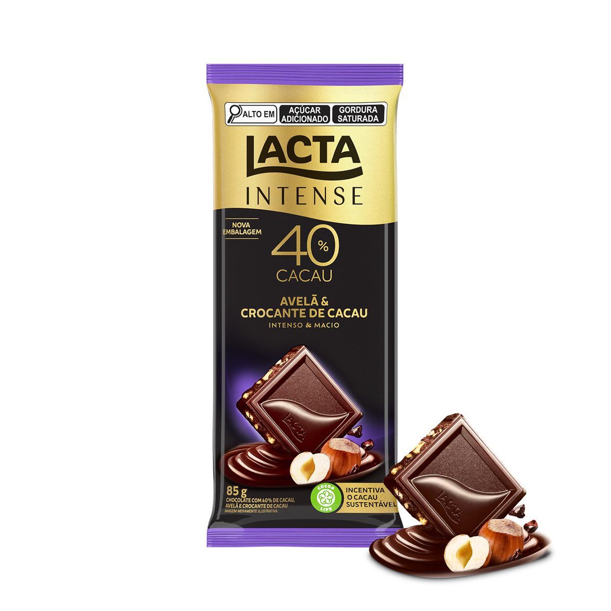 Chocolate Lacta Intense Meio Amargo 40% cacau Avel e Crocante de Cacau 85g