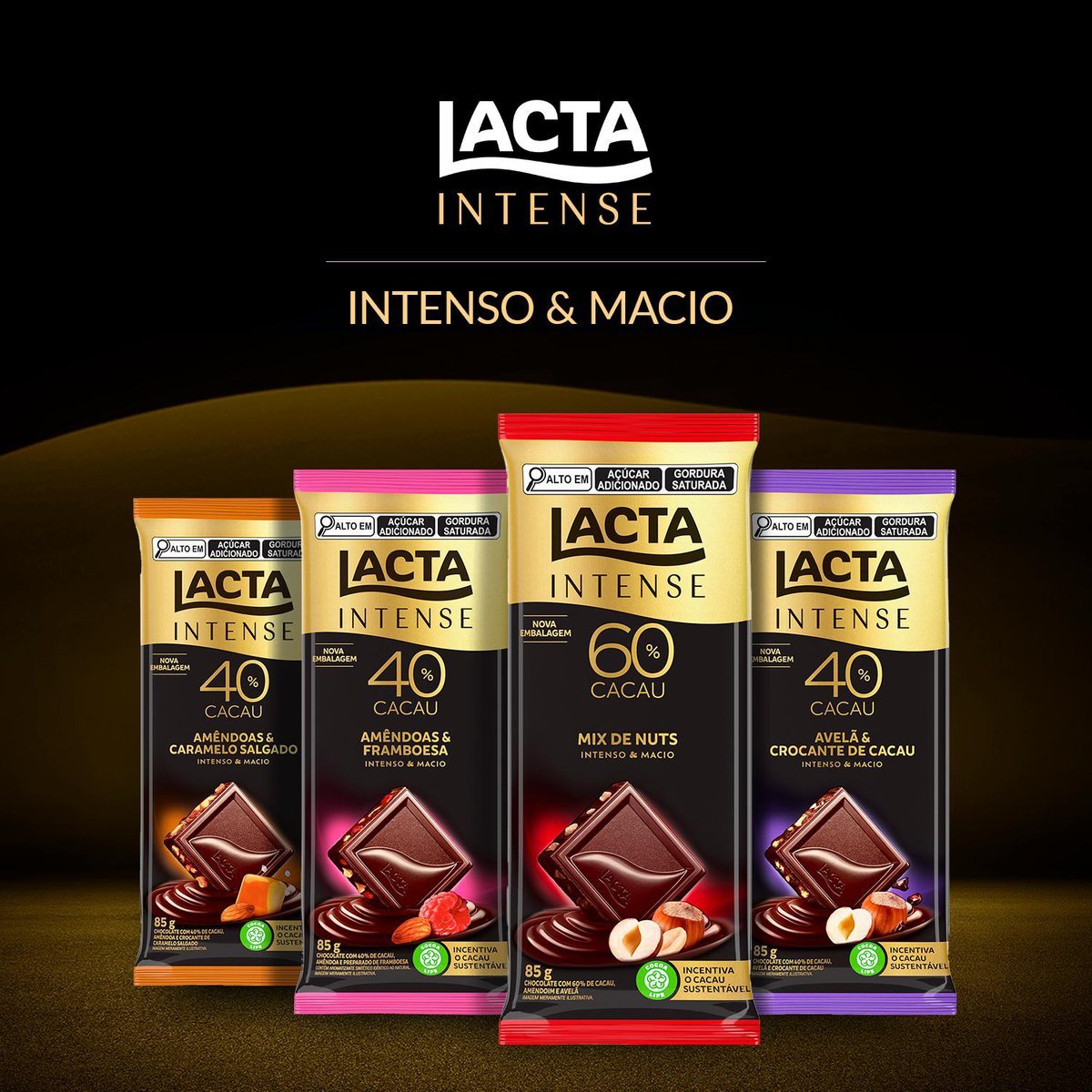 Chocolate Lacta Intense Meio Amargo 40% cacau Avel e Crocante de Cacau 85g