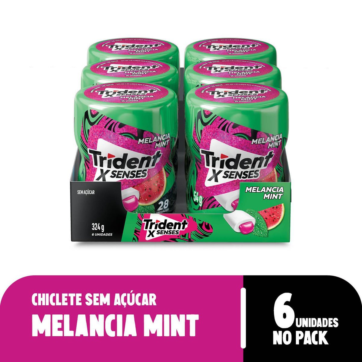Chiclete Trident XSenses Melancia Mint Sem Acar Garrafa - Caixa com 6 unid. de 54g