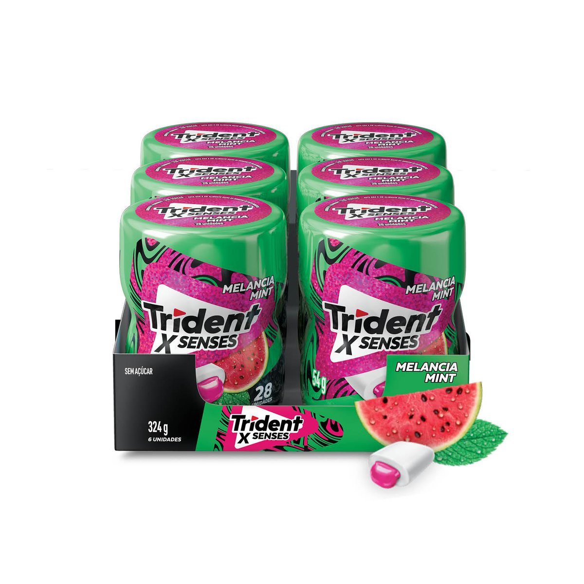 Chiclete Trident XSenses Melancia Mint Sem Acar Garrafa - Caixa com 6 unid. de 54g