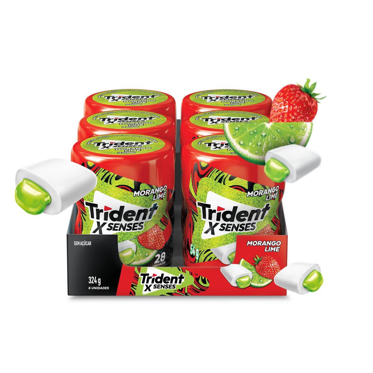 Chiclete Trident XSenses Morango Lime Sem Acar Garrafa - Caixa com 6 unid. de 54g