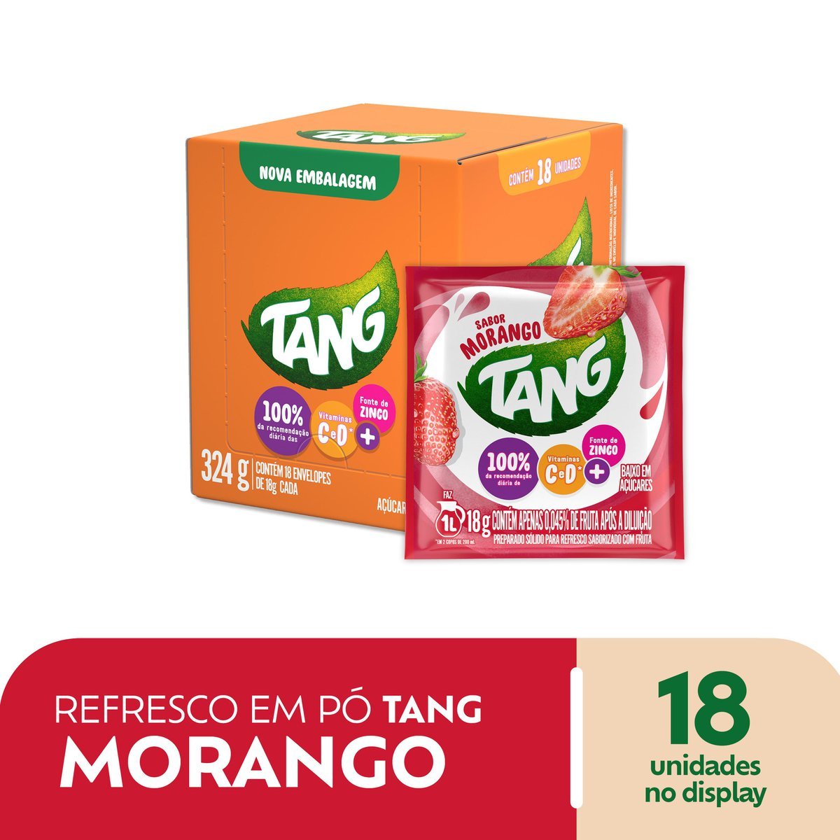 Refresco em p Tang Morango com 18 unidades de 18g - DISPLAY