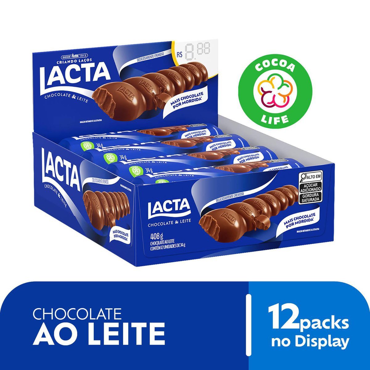 Chocolate Lacta ao leite display com 12 unidades de 34g