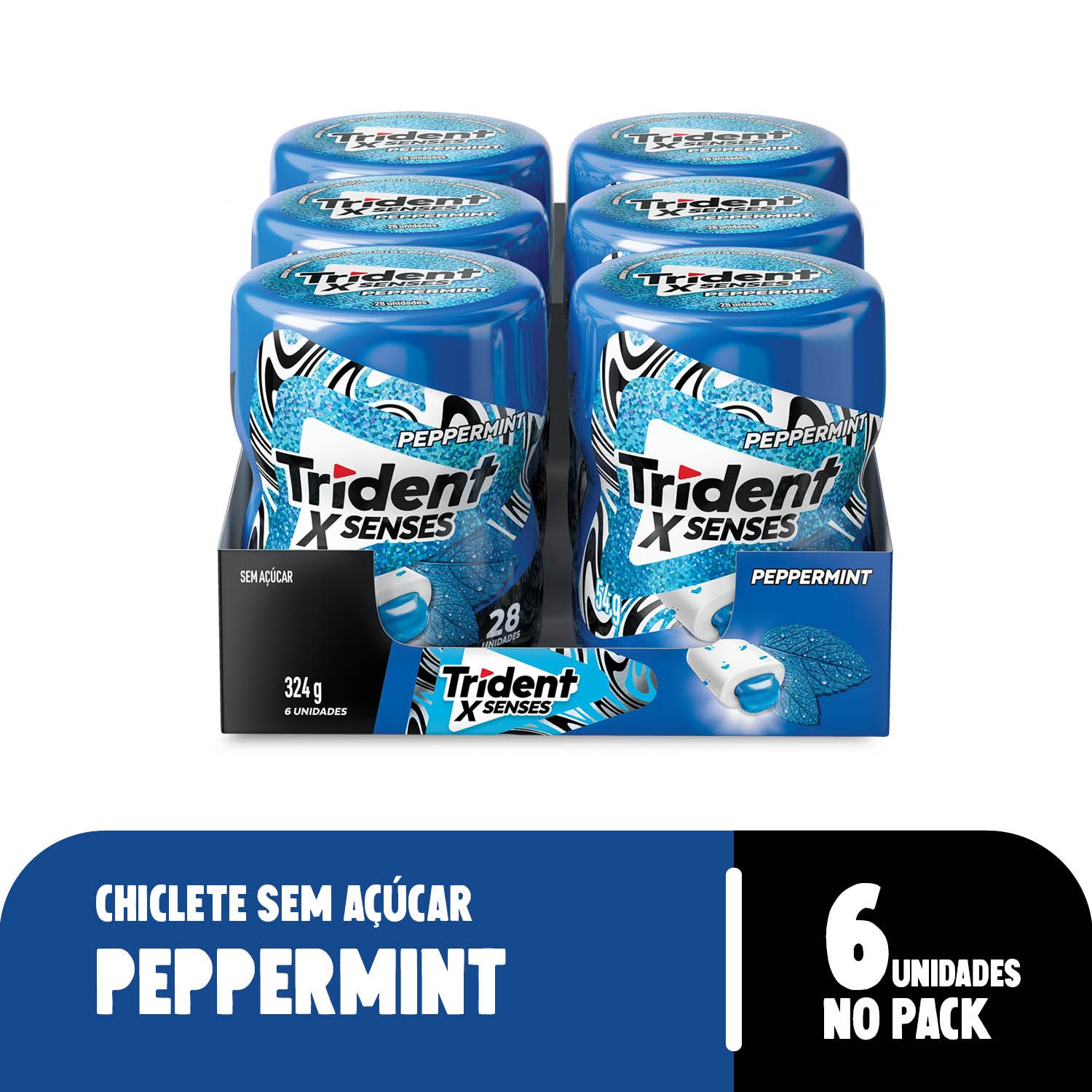 Chiclete Trident XSenses Peppermint Sem Acar Garrafa - Caixa com 6 unid. de 54g
