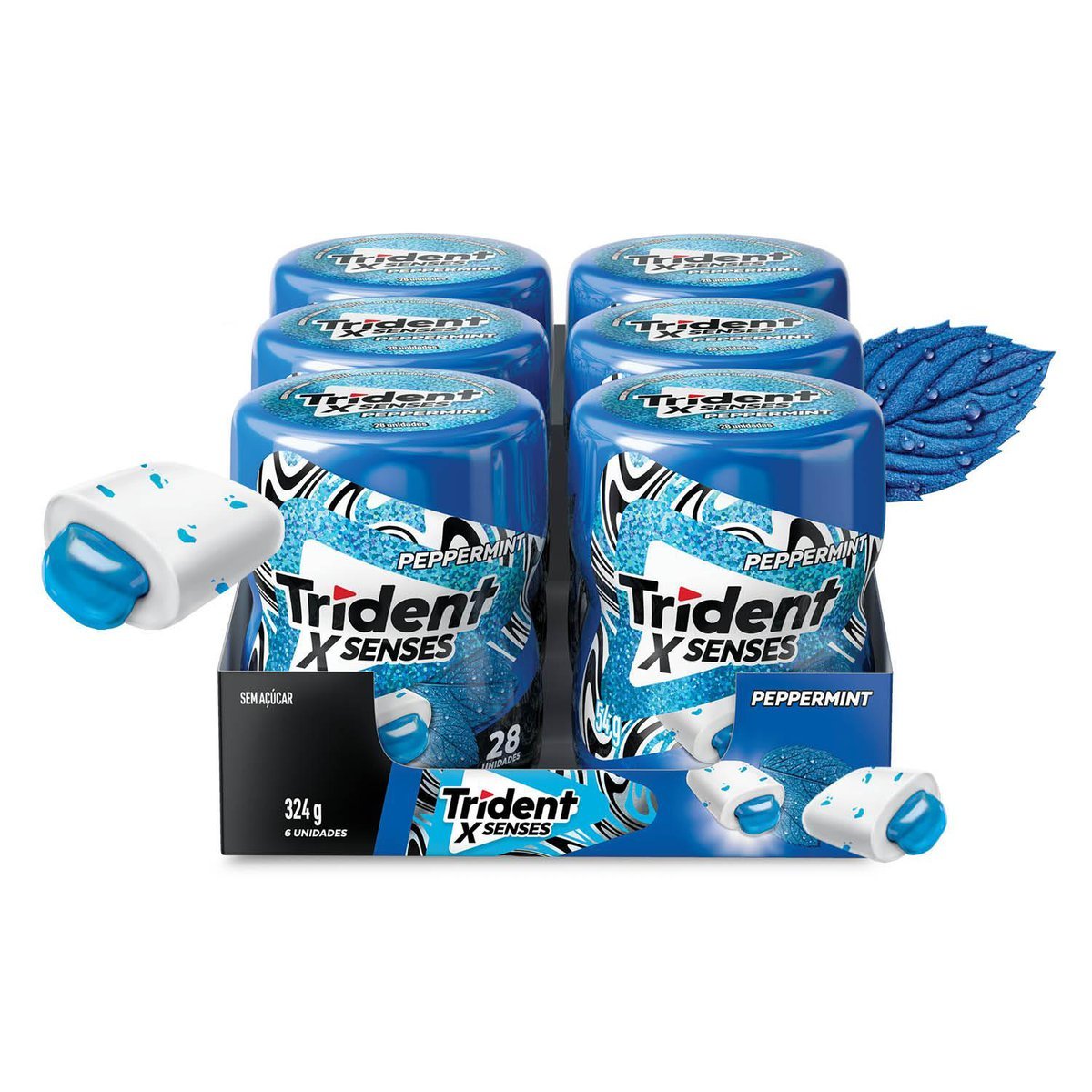Chiclete Trident XSenses Peppermint Sem Acar Garrafa - Caixa com 6 unid. de 54g