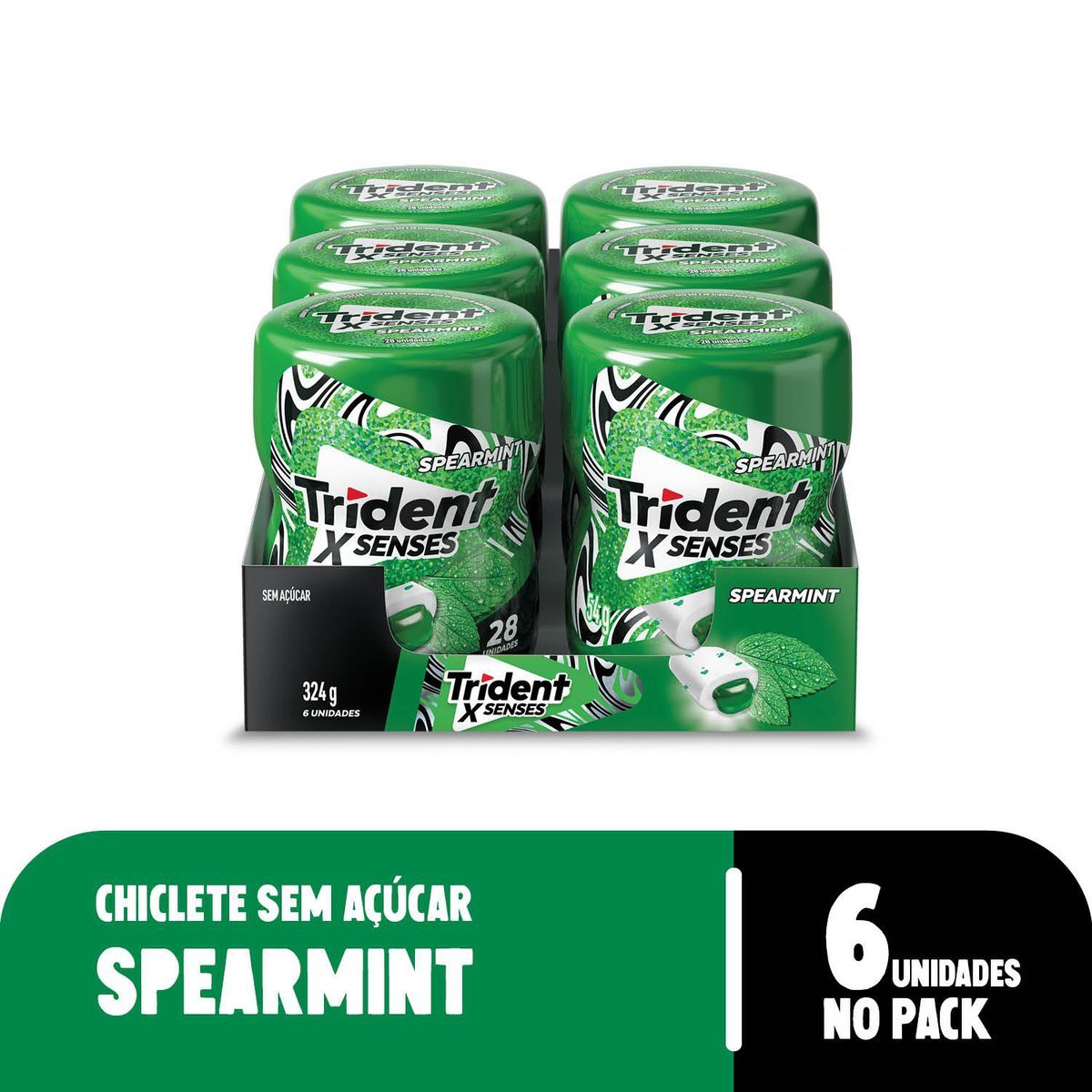 Chiclete Trident XSenses Spearmint Sem Acar Garrafa - Caixa com 6 unid. de 54g