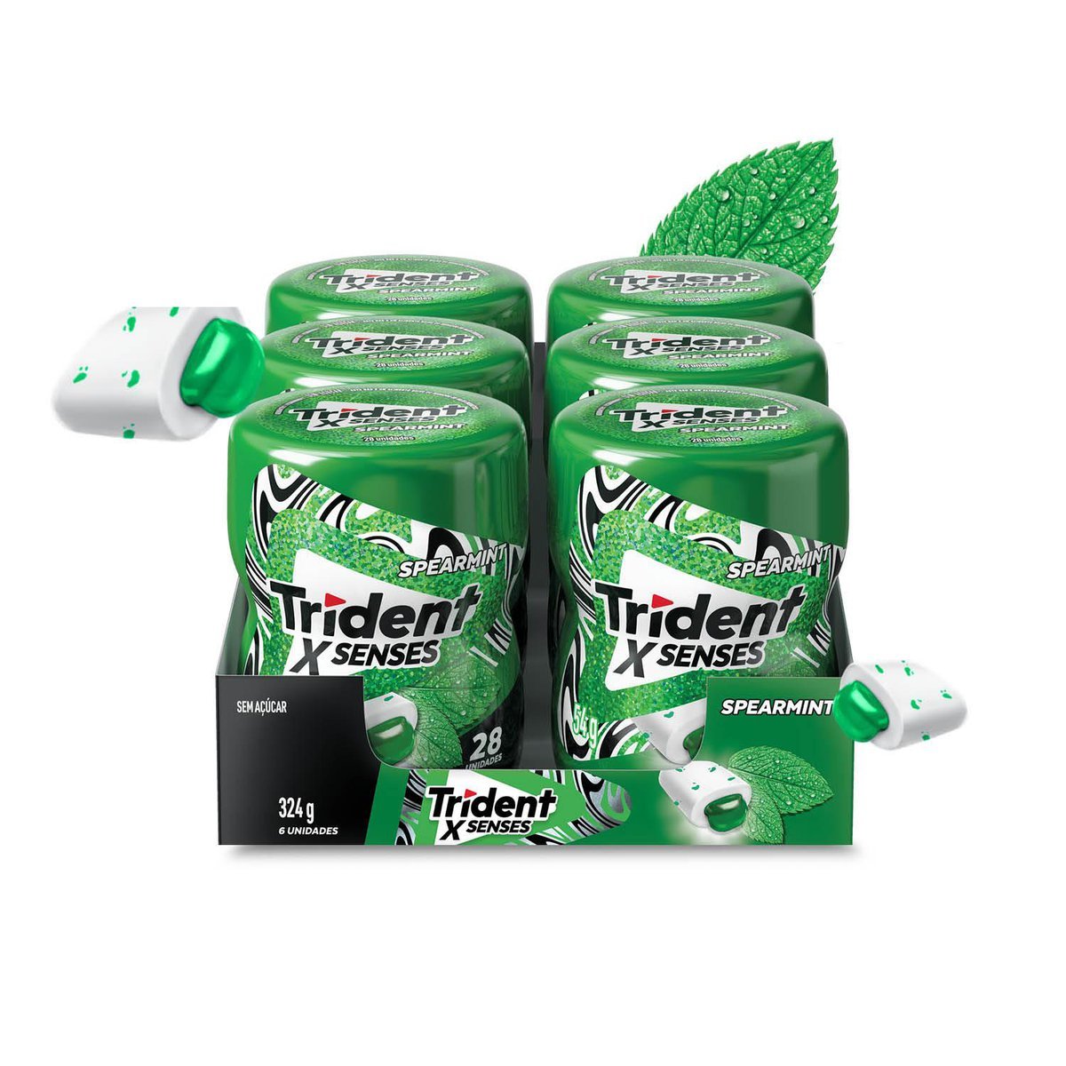 Chiclete Trident XSenses Spearmint Sem Acar Garrafa - Caixa com 6 unid. de 54g
