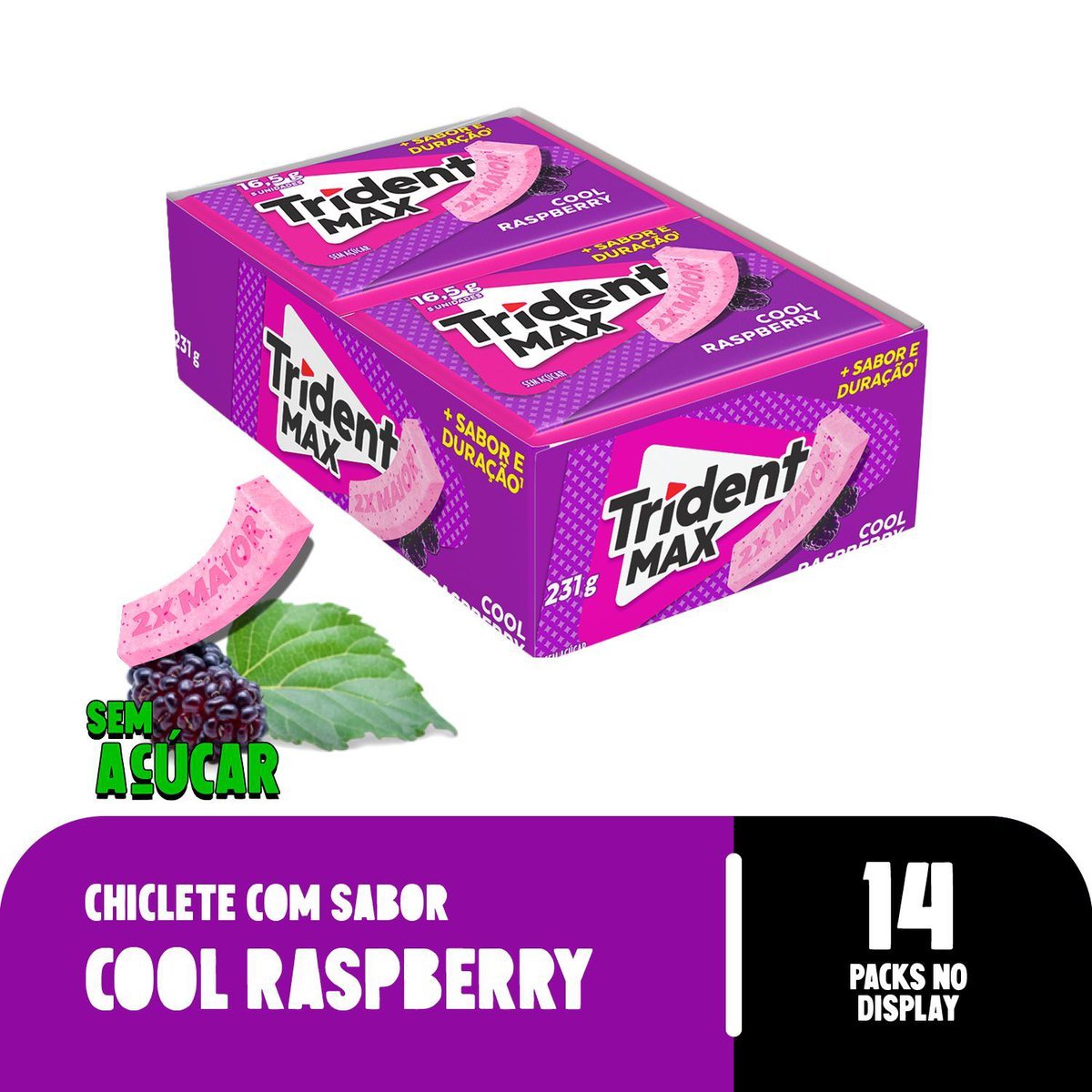 Chiclete Trident Max Raspberry Sem Acar - Caixa com 14 unid. de 16,5g