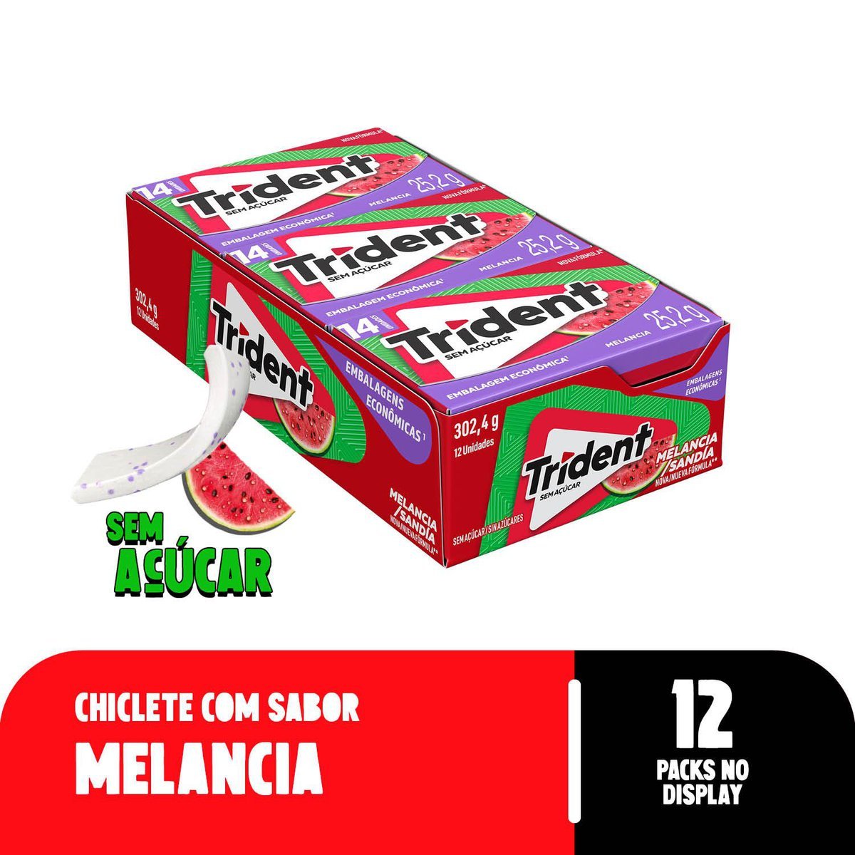 Chiclete Trident Melancia Sem Acar - Caixa com 12 unid. de 25,2g