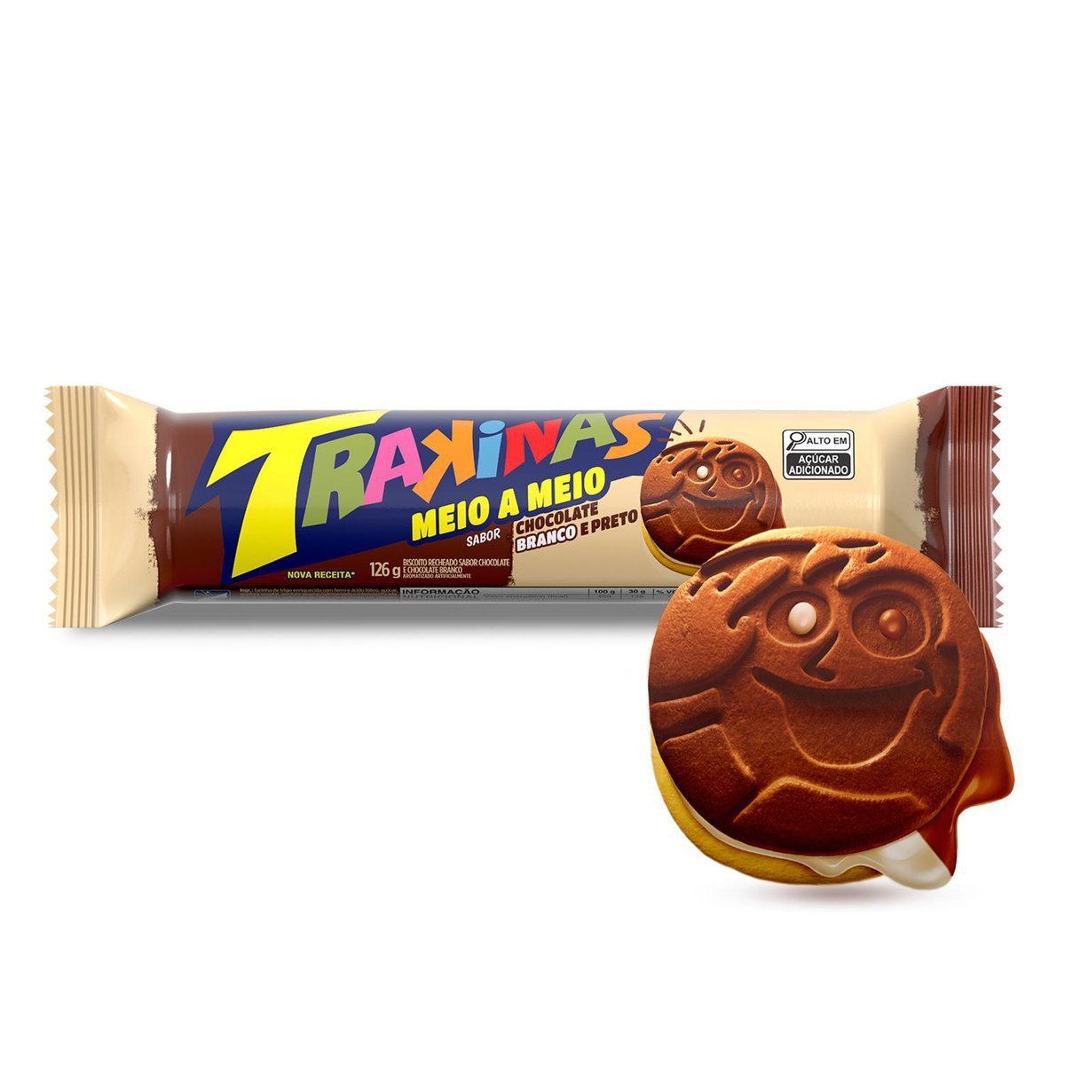 Biscoito Recheado Trakinas Meio a Meio chocolate ao leite e branco de 126g