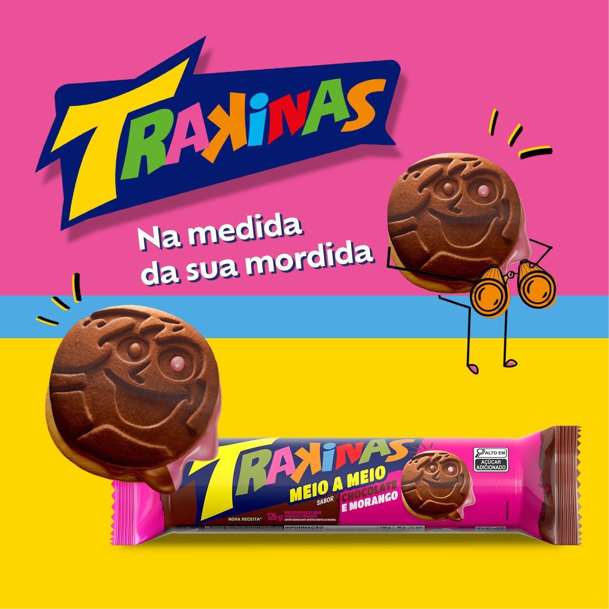 Biscoito Recheado Trakinas Meio a Meio chocolate e morango 126g