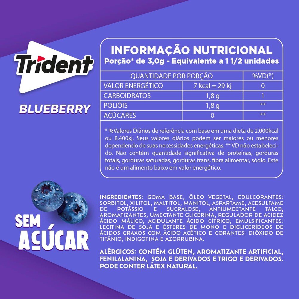 Goma de mascar Trident Blueberry display com 12 unidades de 30,6g