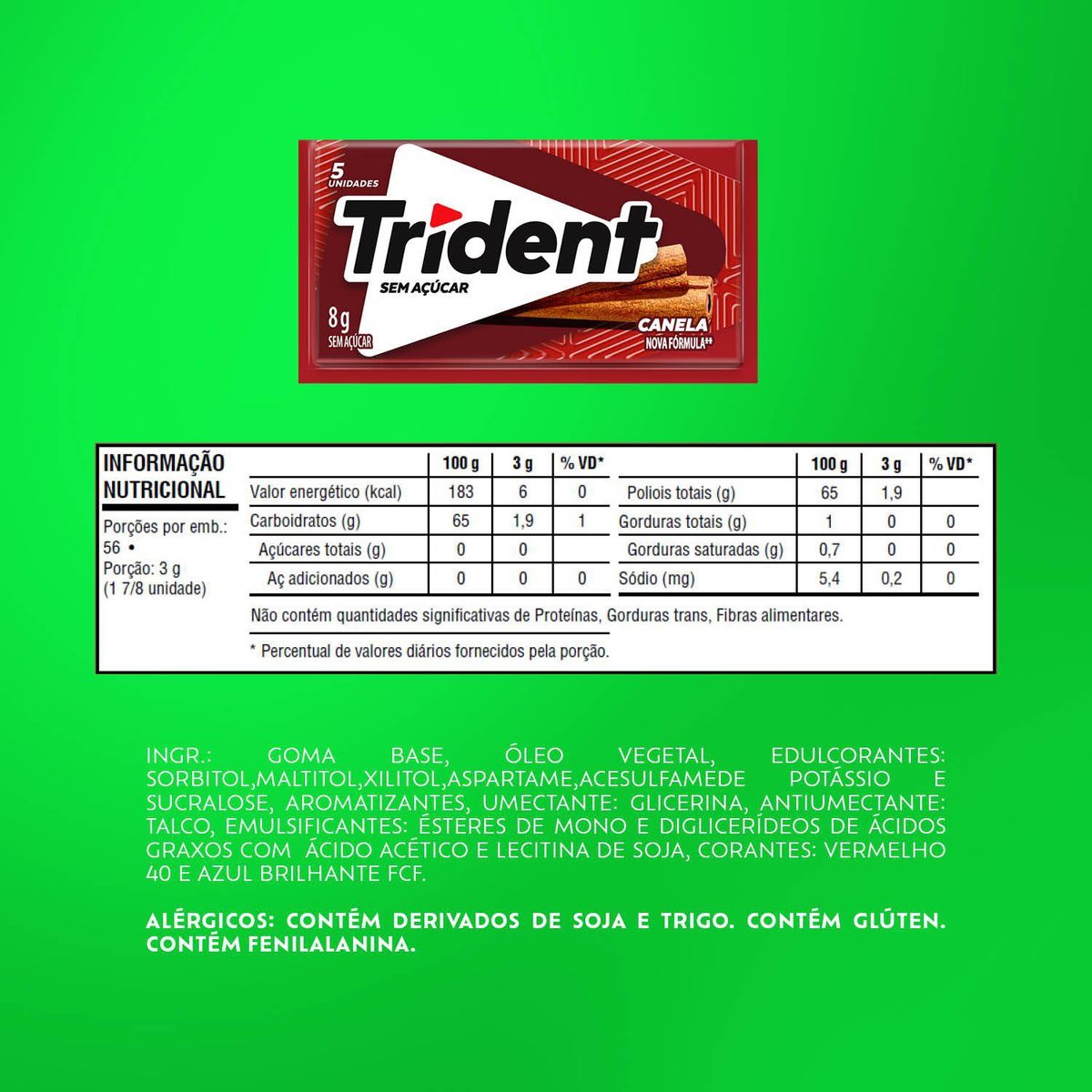 Chiclete Trident Canela Sem Acar - Caixa com 21 unid. de 8g
