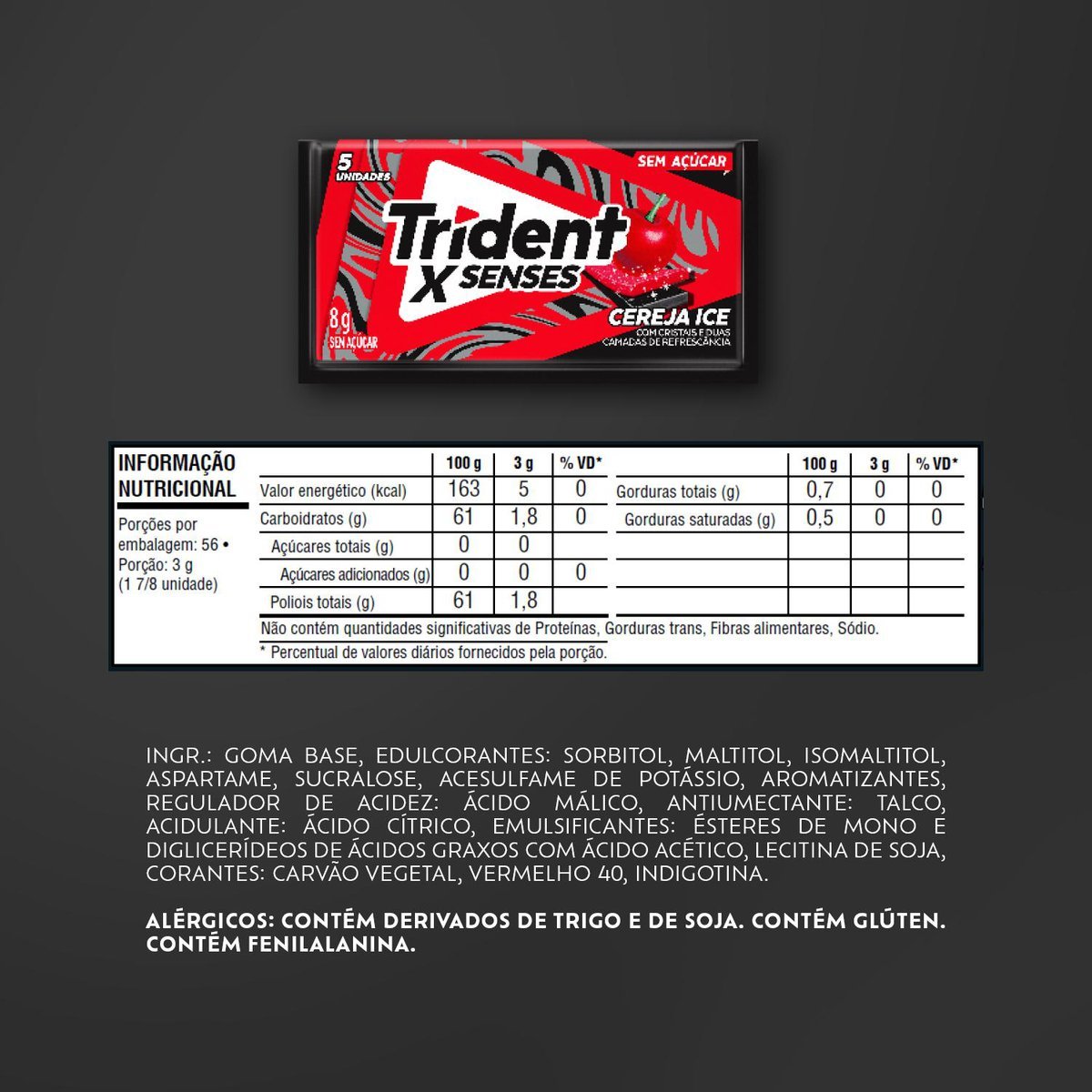 Chiclete Trident XSenses Cereja Sem Acar - Caixa com 21 unid. de 8g