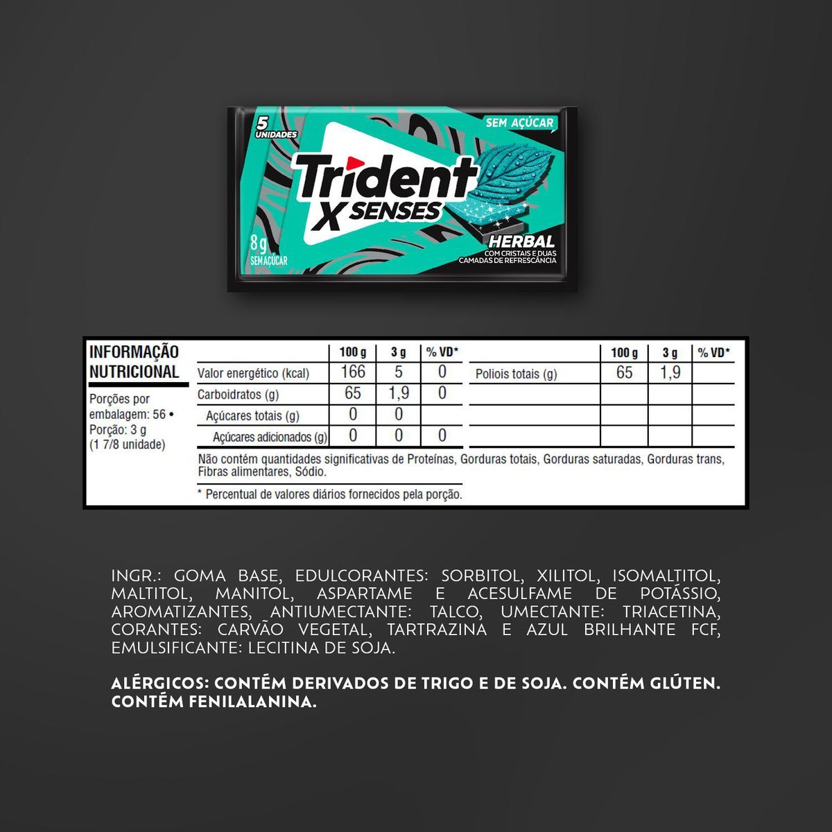 Chiclete Trident XSenses Herbal Sem Acar - Caixa com 21 unid. de 8g