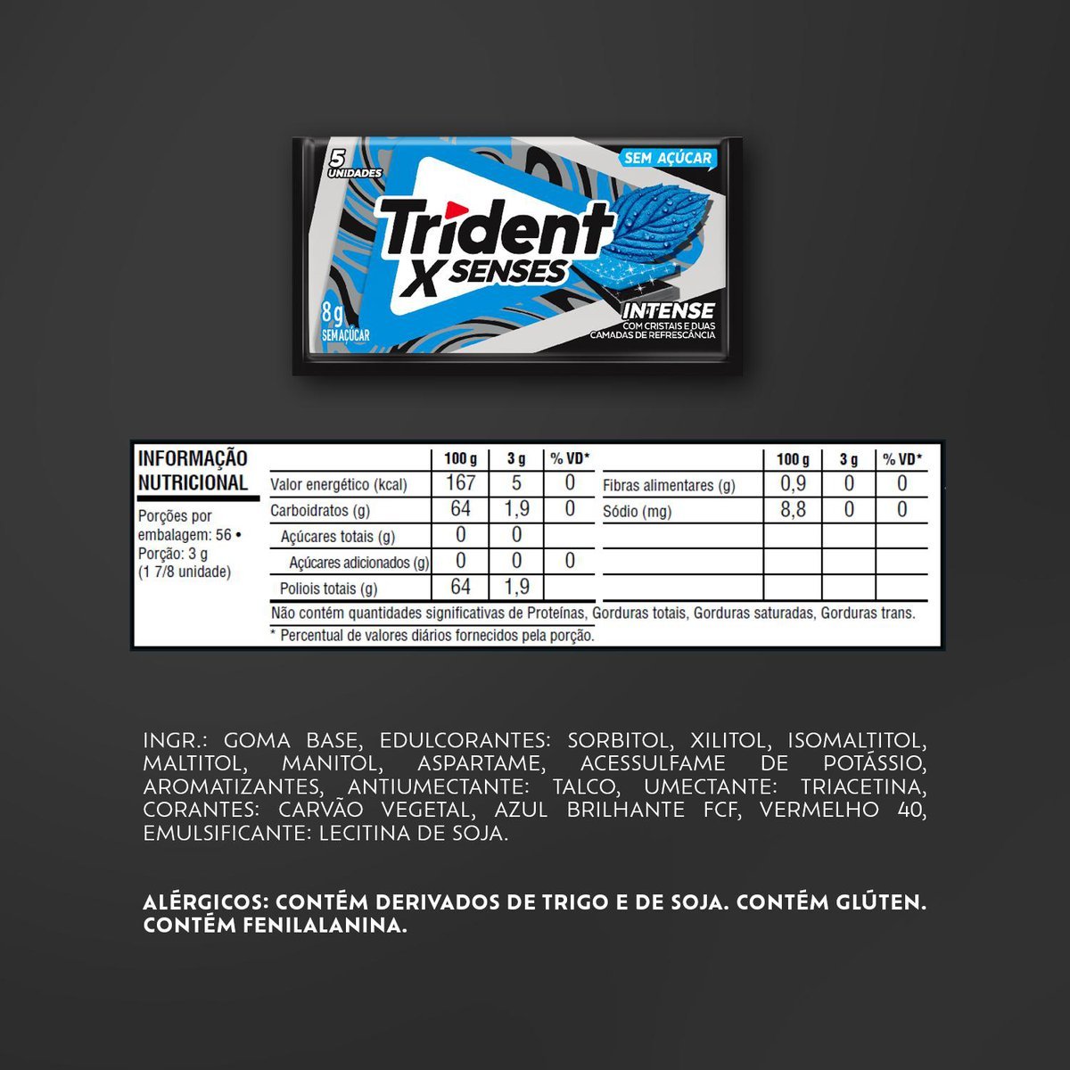 Chiclete Trident XSenses Intense Sem Acar - Caixa com 21 unid. de 8g