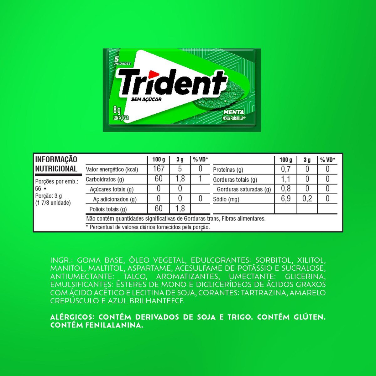 Chiclete Trident Menta Sem Acar - Caixa com 21 unid. de 8g