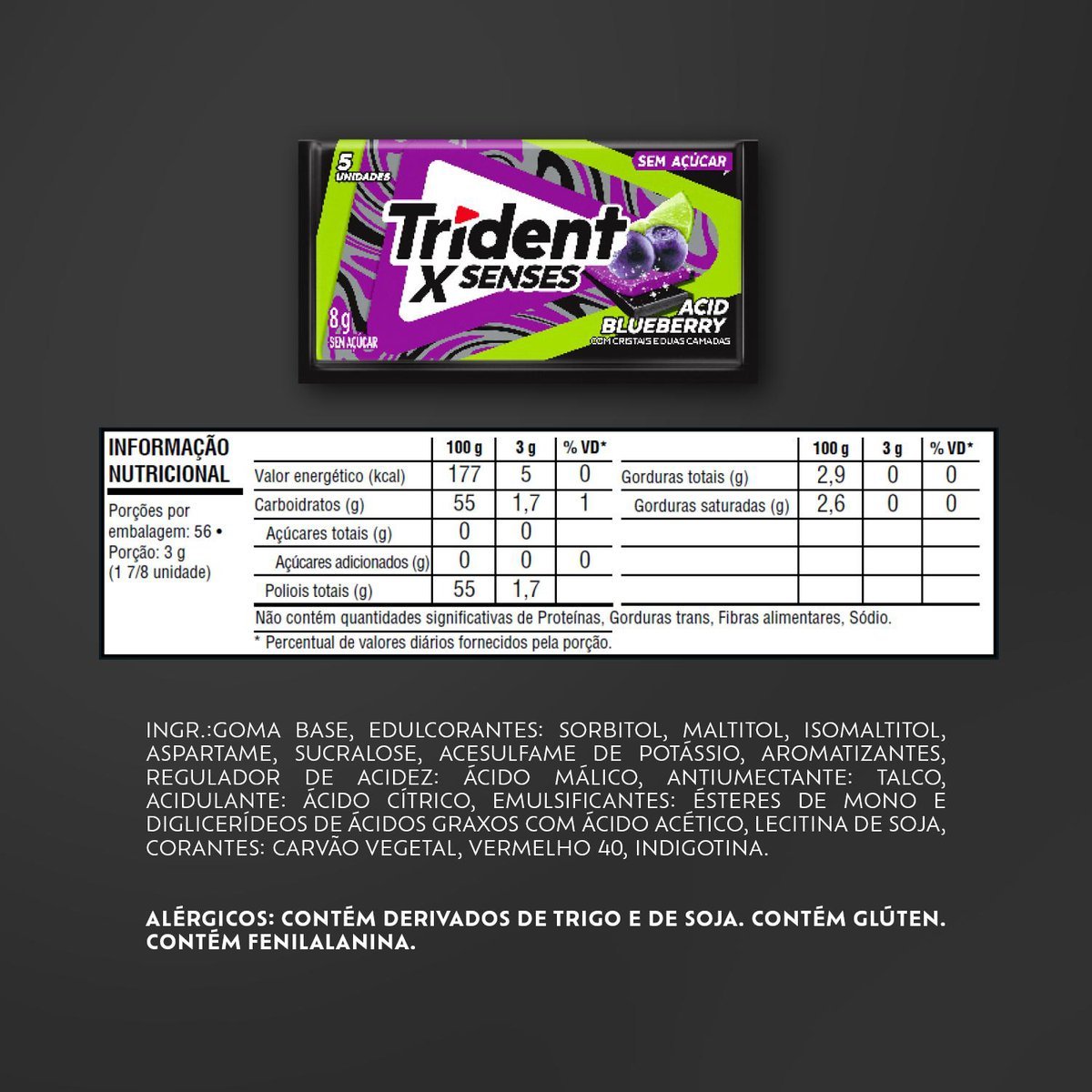 Chiclete Trident XSenses Acid Blueberry Sem Acar - Caixa com 21 unid. de 8g