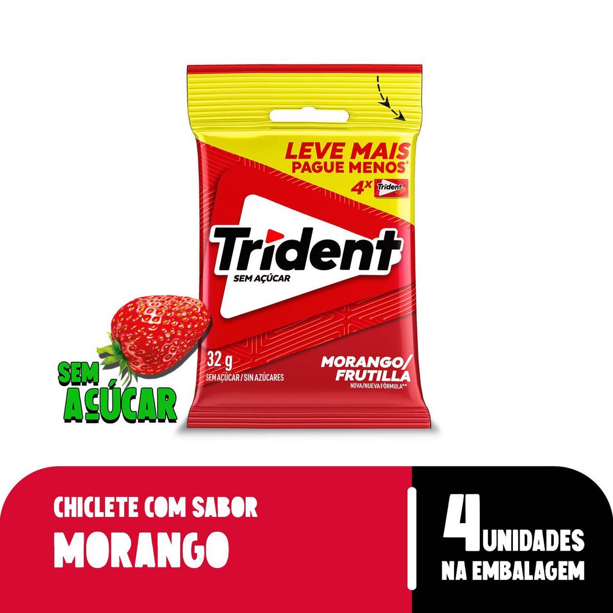 Chiclete Trident Morango 32g - Pacote Com 4 embalagens