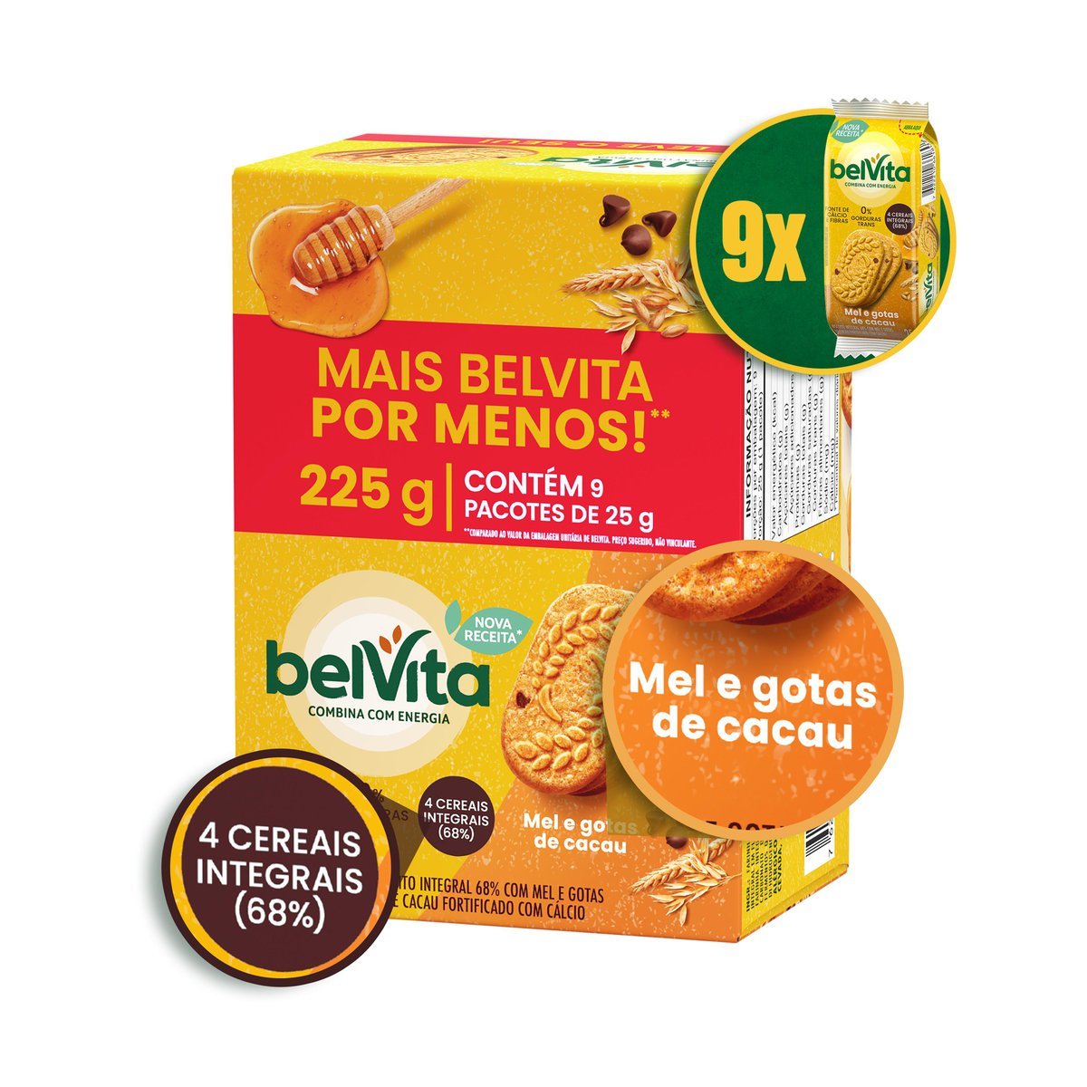 Biscoito BelVita Mel E Cacau Pack Econmico 225g com 9 Unidades de 25g