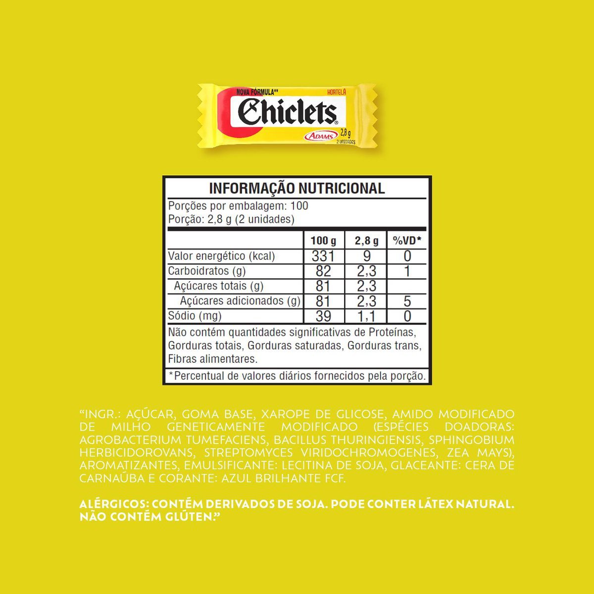 Goma de mascar Chiclets Hortel display com 100 unidades de 2,8g