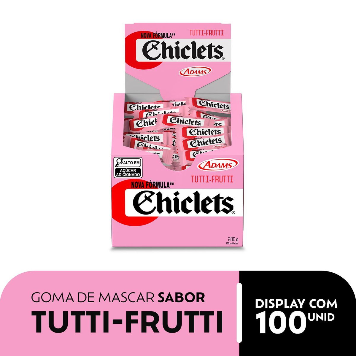Goma de mascar Chiclets Tutti-Frutti display com 100 unidades de 2,8g