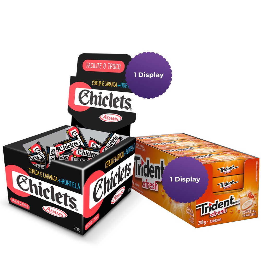 Combo 1 Display de TRIDENT XFRESH  TANGERINA + 1 Display de CHICLETS FRESH CEREJA LARANJA E HORT